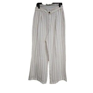 Halston High Rise Wide Leg 100% Linen Pants Trouser Pockets White Striped Sz 12